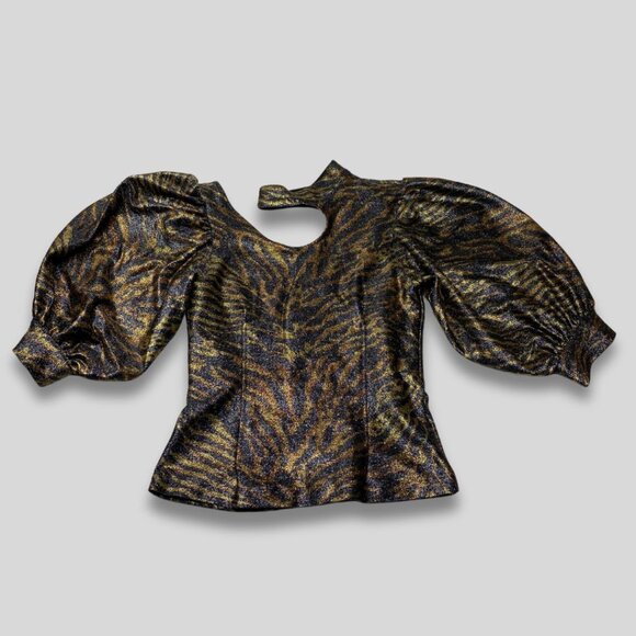 GANNI Metallic Puff Sleeve Top Animal Print Keyhole Neck Size 36 - Picture 1 of 6